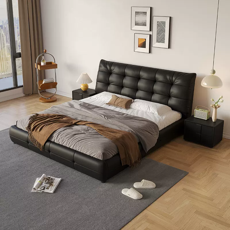 真皮床简约现代轻奢皮床高端大气主卧黑色软包双人床婚床意式极简