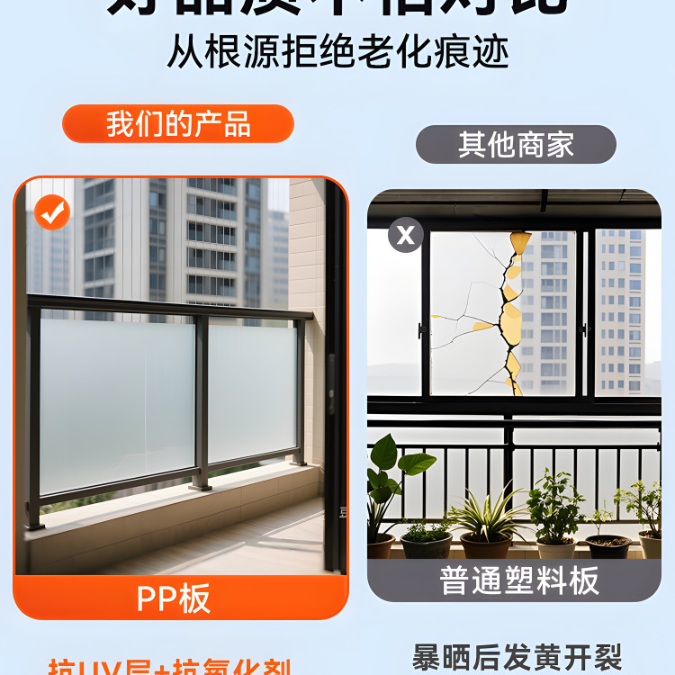 阳台防雨防晒挡板防盗网隐私挡板封闭防窥遮挡PP磨砂半透明隔离板|undefined