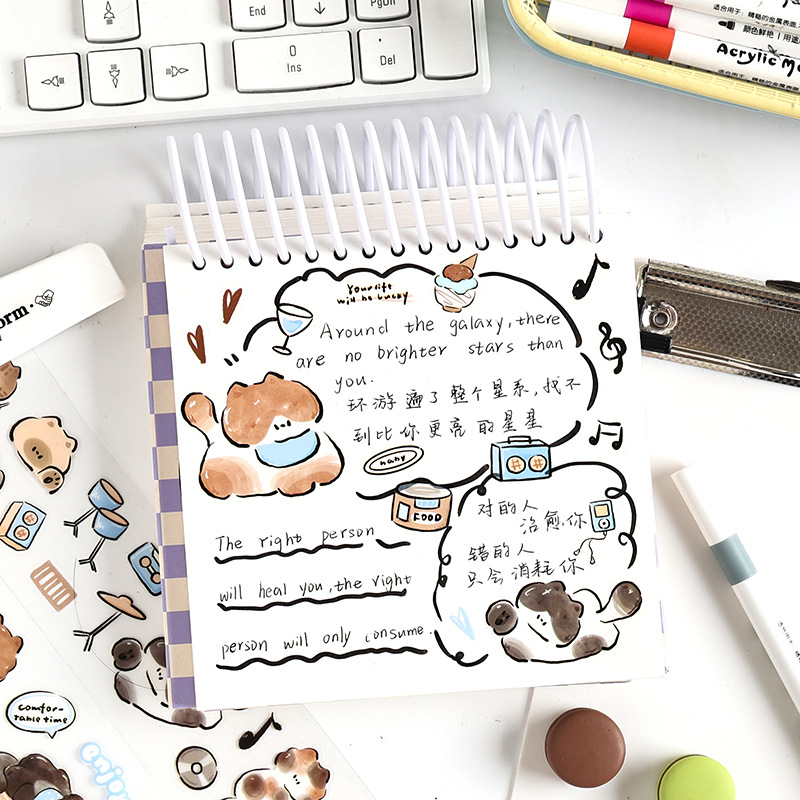 Buen registro de miau, paquete transparente a prueba de agua y caja de cinta de papel, etiqueta del diario de la cuenta de la mano de bricolaje, pegatinas de animales de dibujos animados