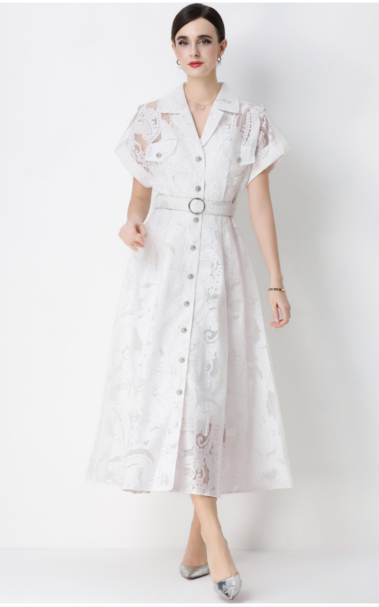 Đầm maxi nữ ren thêu hoa cổ vest cài cúc thắt eo dáng dài thanh lịch — xanh lam, màu trắng, màu vàng chi tiết 12