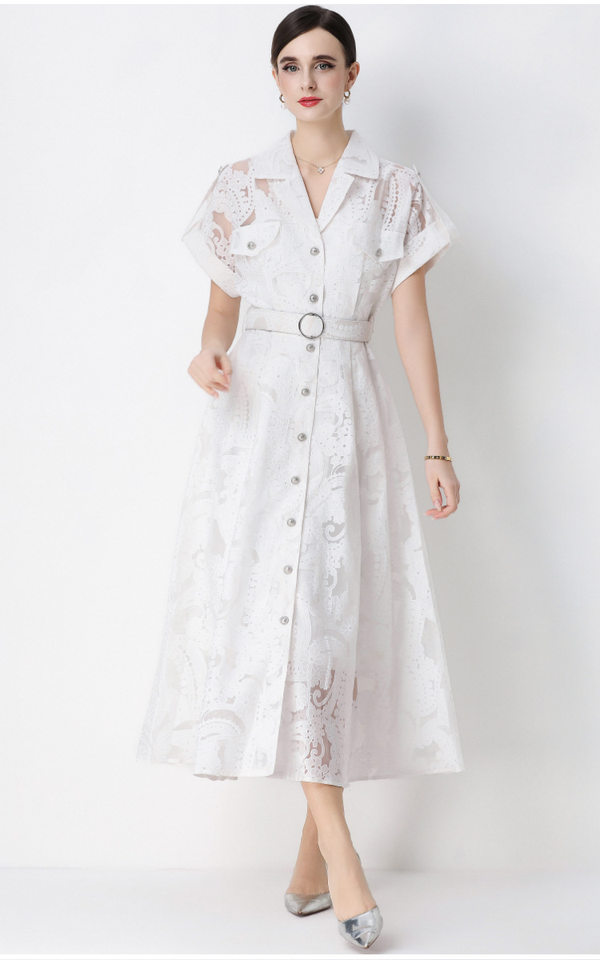 Đầm maxi nữ ren thêu hoa cổ vest cài cúc thắt eo dáng dài thanh lịch — xanh lam, màu trắng, màu vàng chi tiết 12