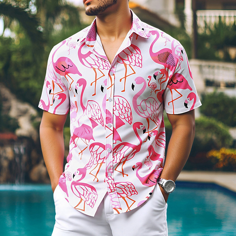 Men's Short-Sleeved Shirt Men's Shirt Casual Men's Flamingo White Young Summer 2025 New Cross-Border Exclusive Men's Short-Sleeved Shirt Men's Shirt Casual Men's Flamingo White Young Summer 2025 New Cross-Border Exclusive
