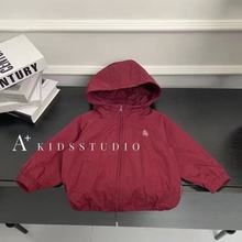 2025儿童外套连帽风衣运动中童休闲韩版拼色春秋时酒红色