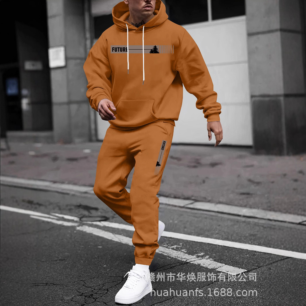 Cross-Border Men's Printed Hooded Sweatshirt and Sweatpants Suit Autumn and Winter Sports Windbreaker Jacket Hoodie Two-Piece Suit