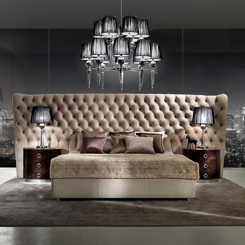 意大利輕奢磨砂真皮拉扣寬屏床設計師別墅高端主臥雙人床家具