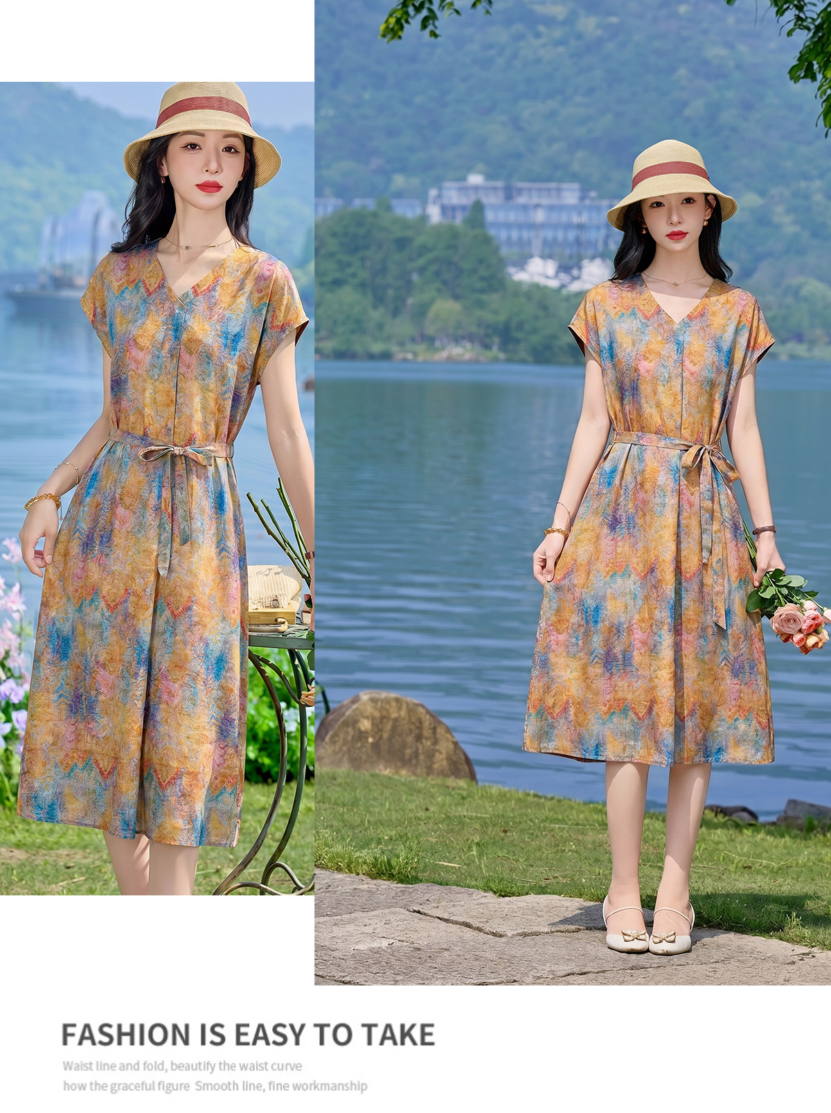 Đầm maxi nữ V cổ thắt eo họa tiết hoa nhí — xanh lam, màu vàng, màu đỏ chi tiết 19