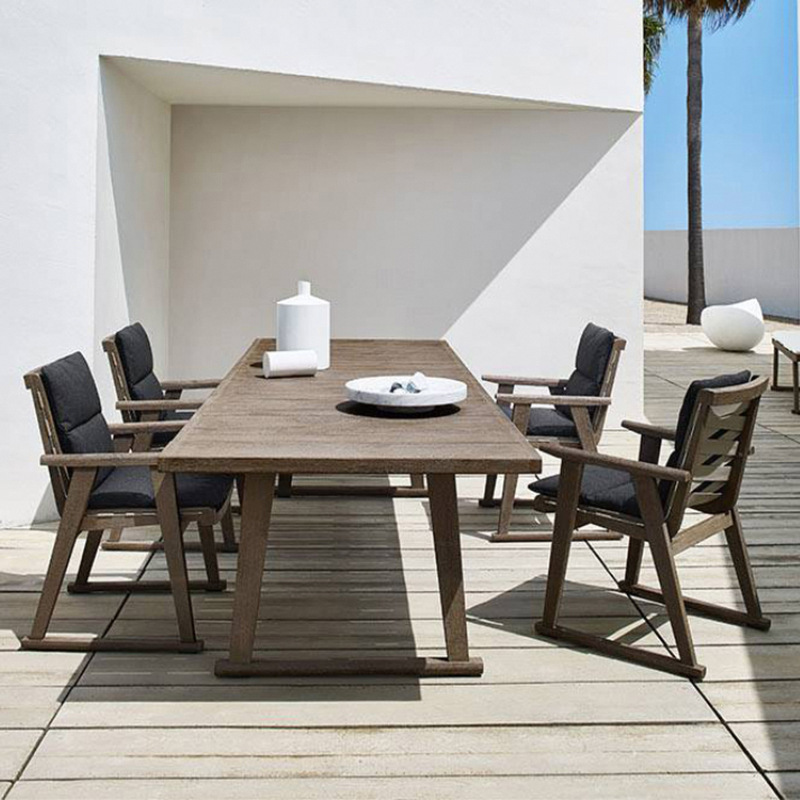Mesa y silla de madera maciza al aire libre patio jardín ocio mesa larga hotel villa jardín impermeable combinación de mesa de teca