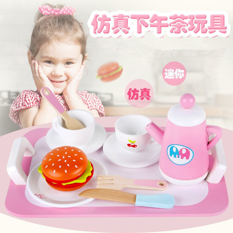 Juego de rol de simulación de madera para niños Juego de té de la tarde de fresa rosa Juego de té Combinación de juguetes para niñas