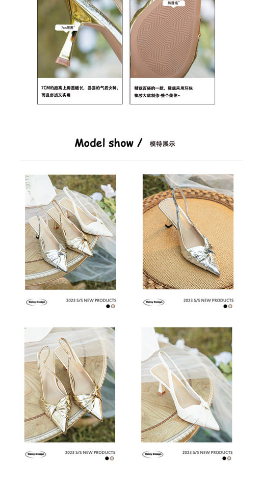 Giày sandal nữ bít mũi mũi nhọn gót mảnh quai ngang, gót 6–8 cm — Màu bạc, Màu trắng be, Màu vàng chi tiết 6