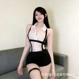 寻欢情趣内衣性感透视深V翻领挂脖拉链开裆热辣空姐女警制服诱惑