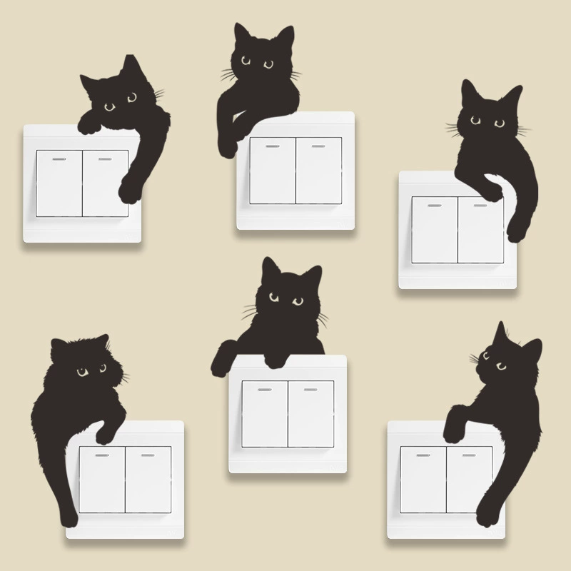 &∝Шесть милых черных кошек, наклейки для переключателей, наклейки «сделай сам», для шкафов, спален, прикроватных тумбочек, наклейки для украшения стен гостиной