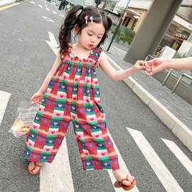 女童裤子夏季2024新款儿童装女孩宝宝薄款外穿夏装红色爱心背带裤
