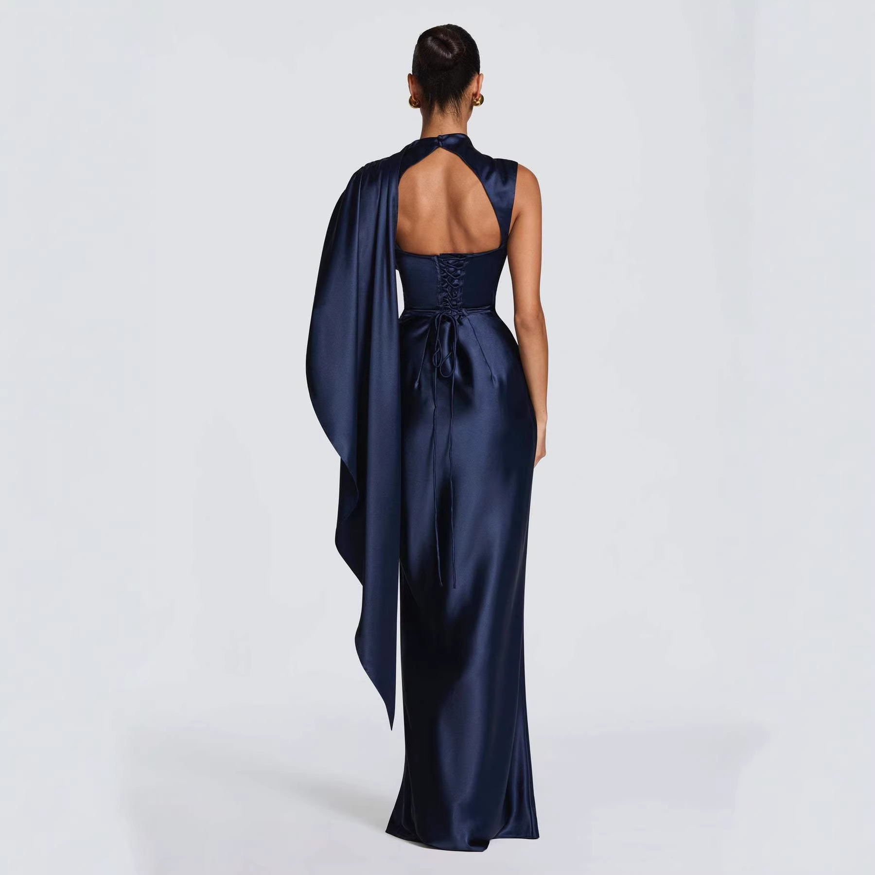 Women's Satin Turtleneck Dress Light Luxury Single Sided Ribbon Decoration Sleeveless Evening Gown_voghion.com
