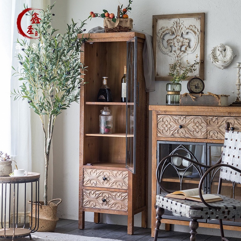 American Retro Old Solid Wood Side Cabinet B&B Hotel Storage Locker Small Apartment Home Dining Side Cabinet Display Cabinet