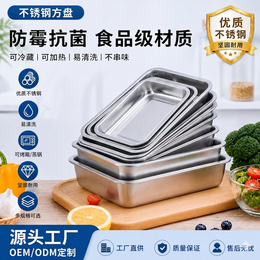 Stainless Steel Plate Thickened Stainless Steel Tray Commercial Grilled Fish Plate Canteen Steamed Rice Plate Household Stainless Steel Square Plate Wholesale