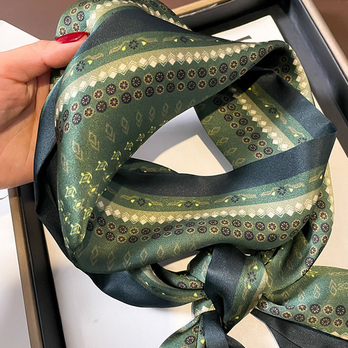 Summer European and American workplace versatile mulberry silk scarf green polka dot splicing double layer double-sided silk long ribbon for women