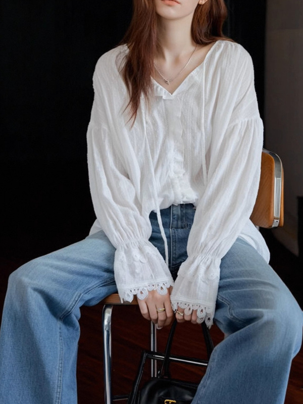 法式木耳边装饰系带长袖衬衫女装2025秋季V领提花防晒衫|undefined