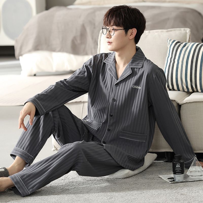 Pajamas de algodón de hombre primavera y otoño de manga larga nueva ropa casera suelta de tamaño grande engordado conjunto de ropa de hombre otoño y invierno