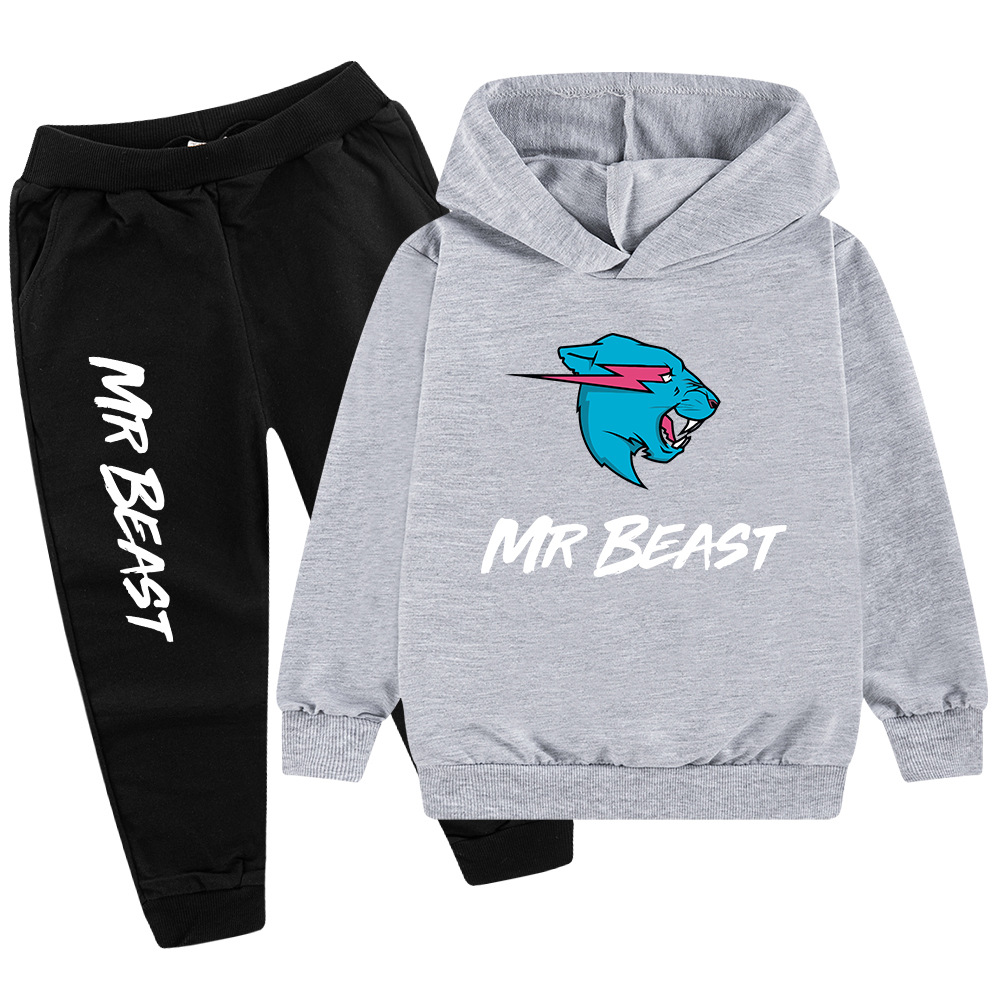 Testa di lupo MR BEAST Cartoon stampato set per ragazzi e bambini felpa con cappuccio maglione + pantaloni PB437_voghion.com