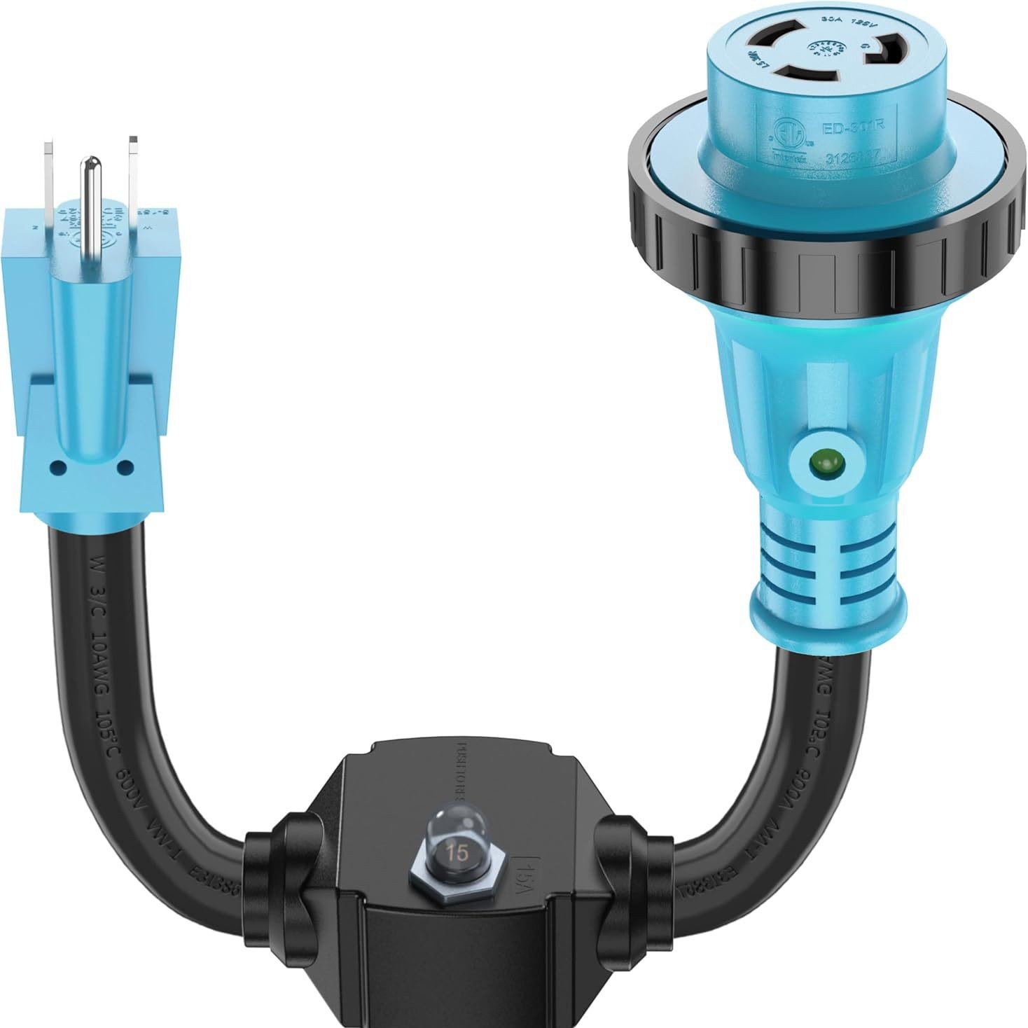 30安培至15安培110伏房车适配器线，带锁定连接器，NEMA 5-15P公