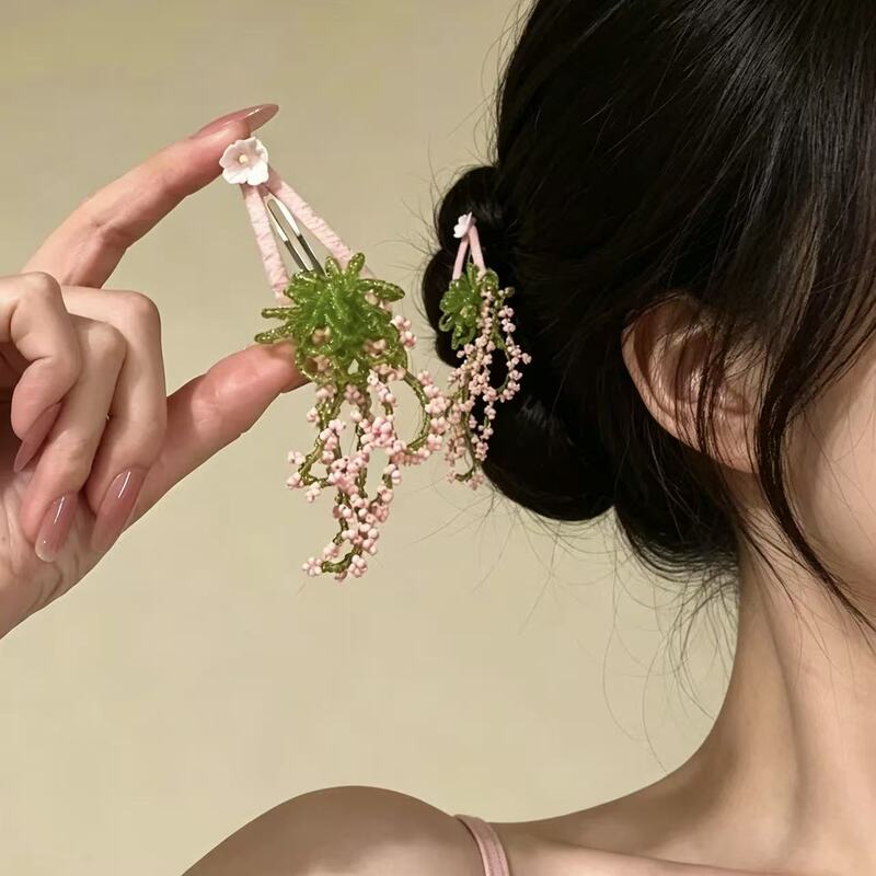 2026 Original【Drunk Spring】Early Spring Atmosphere Flower Beaded Hairpin Side Bangs Bb Clip Hairpin