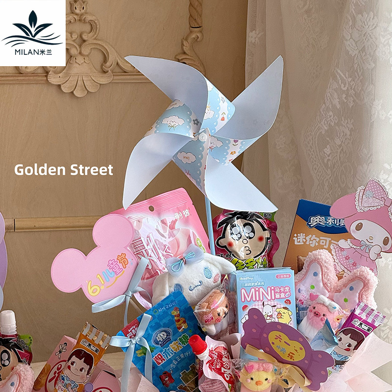 Día del Niño Molino de viento de color giratorio Caja de regalo Accesorios decorativos Paquete de material hecho a mano de bricolaje Decoración de ramo