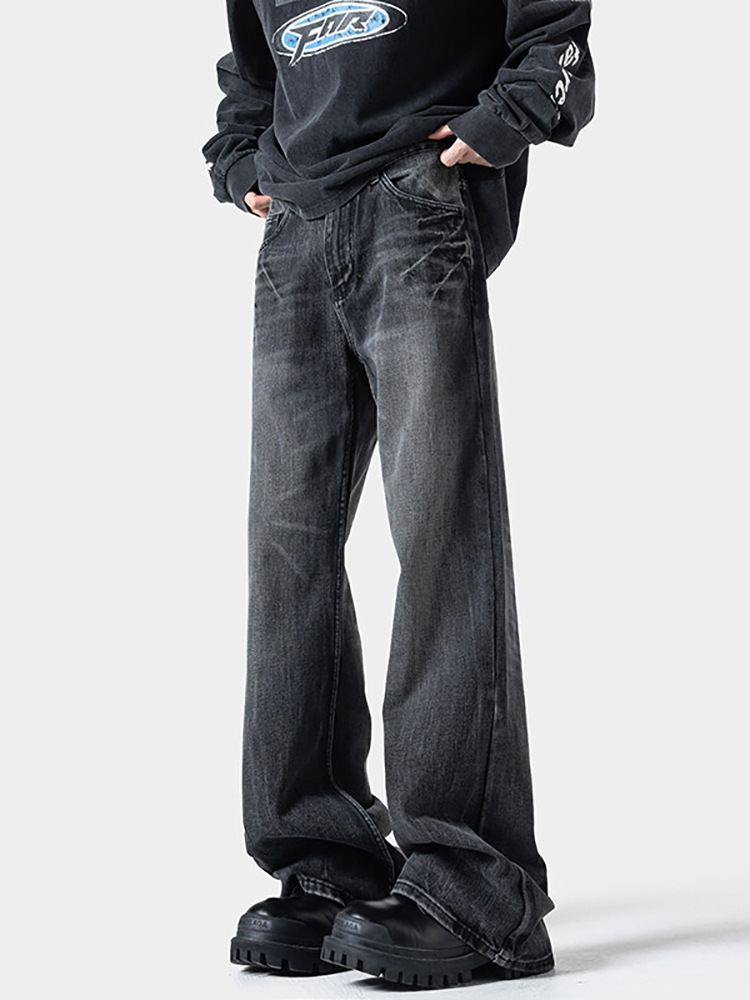 Lightning Pattern Slightly Pulled Jeans Men's 2026 Spring New American Retro Washed Large Size Loose Straight Trousers_voghion.com