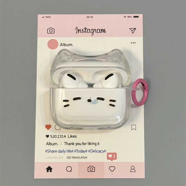 Защитный чехол (Apple) для AirPods 1/2/3/4 и Pro/Pro2/Pro3 — милый котик, прозрачный чехол с крючком, 25 г