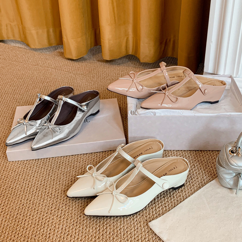 Sheepskin Version~T-Strap Hidden Heel Bowknot Pointed Toe Slip-On Mules for Women 2026 New Style Mid-Heel Mules