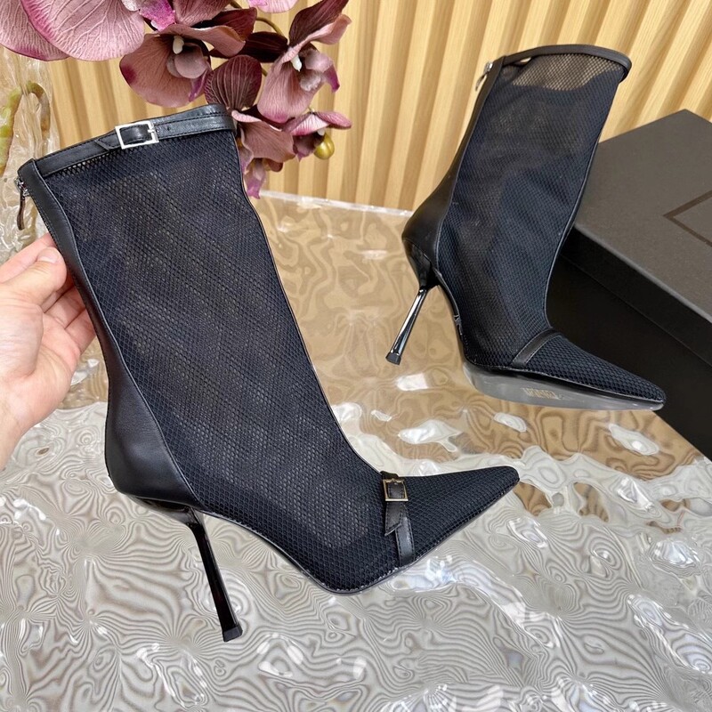 2024 New Style Fashionable Super High Heel Pointed Mesh Boots Women's Sexy Thin Heel Rear Zipper Belt Buckle Women's Mesh Boots