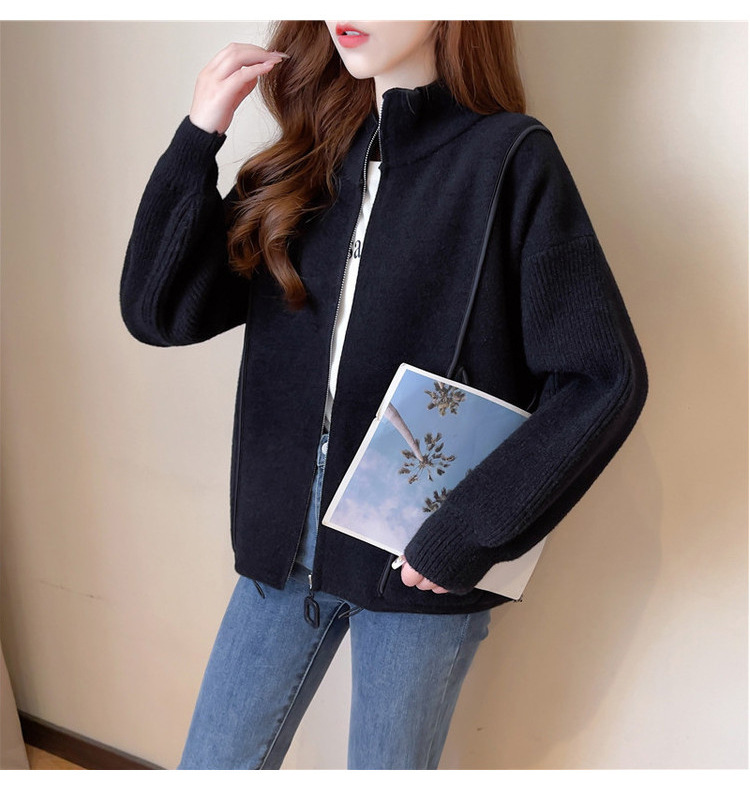Faux double-sided woolen knitted jacket for women, 2023 autumn new style zipper baseball jacket, short, loose, thick and large cardigan pic 26