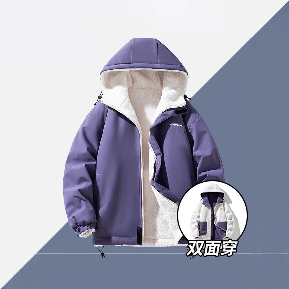 NASA 양면 커플 겨울 소년 캐주얼 양고기 울 오버 코트 방수 후드 기모 코튼 코트 트렌디 브랜드