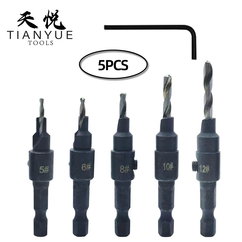 Деревообрабатывающее зенковочное сверло 5 шт. Сверление с шестигранным хвостовиком Снуровка для снятия фаски интегрированное Сверло по дереву винтовой сверлильный инструмент костюм