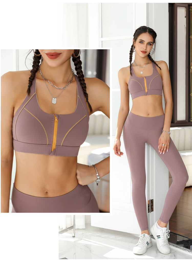 conjunto de yoga de pantalones de levantamiento de cadera con sujetador de cremallera completa de color sólido NSRQF127036