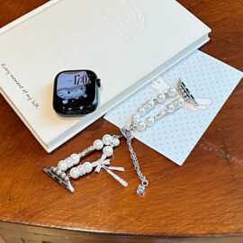蝴蝶结珍珠表带适用于苹果iwatch23456789S1011表腕带apple表带