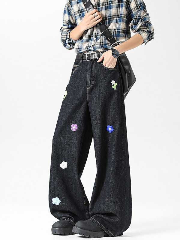 小花刺繍ジーンズメンズ 2025 夏新アメリカンレトロトレンディブランドルーズストレートワイドレッグカジュアルパンツ|undefined