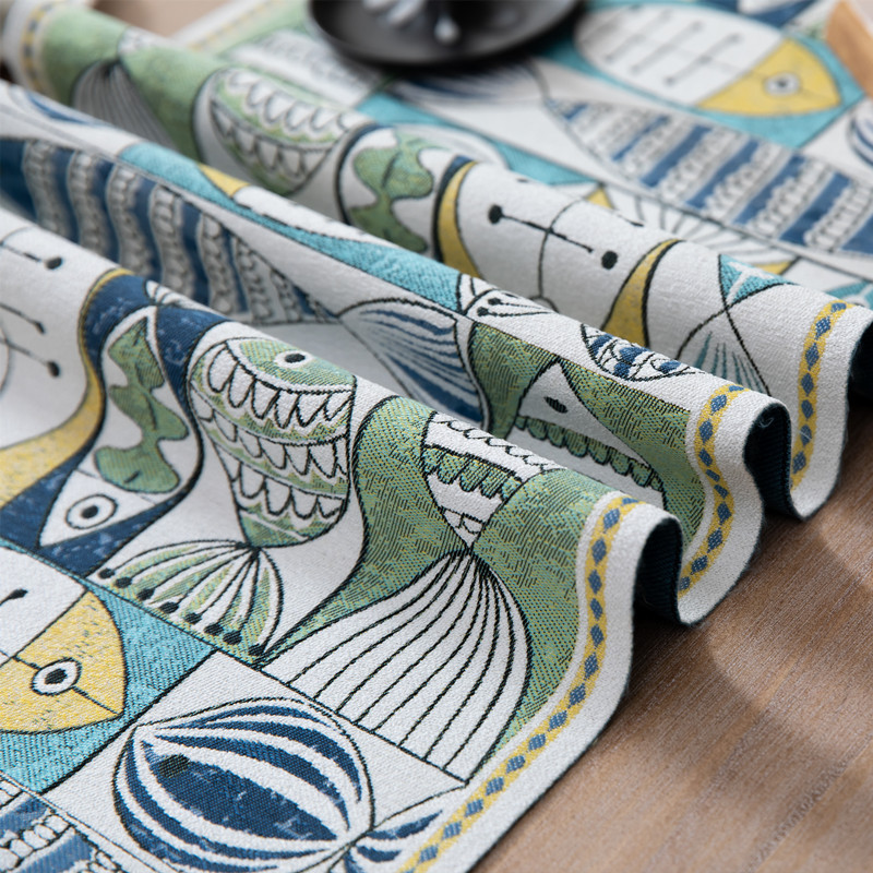 Tovaglia in poliestere con nappe in ciniglia a piccoli pesci verdi annuali, runner da tavola fresco_voghion.com