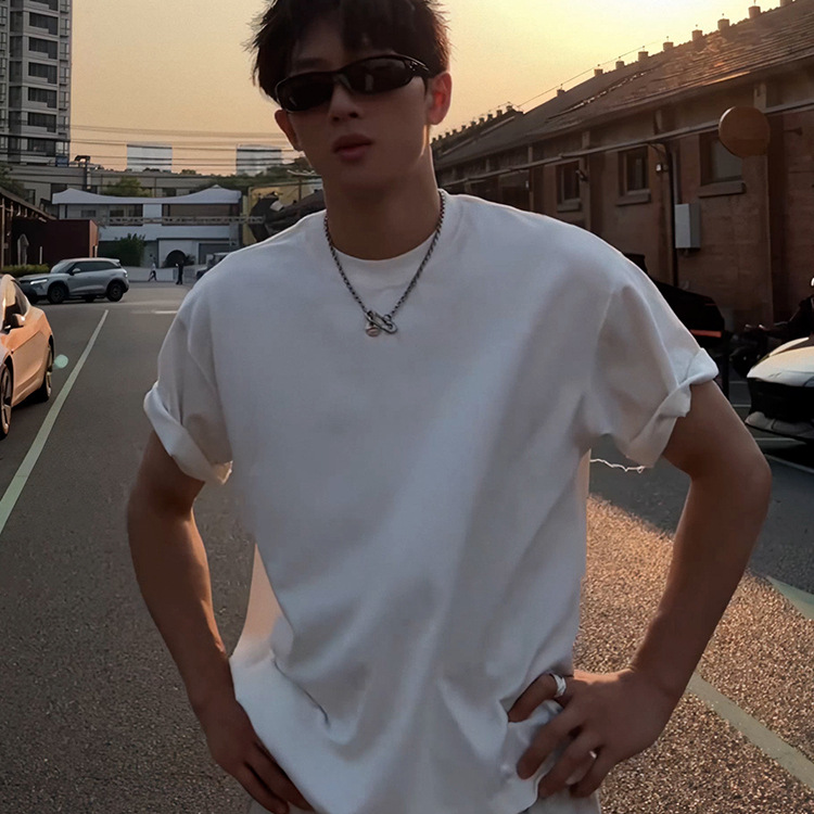 Solid Color Casual Small Round Neck White Bottoming Shirt Summer New Pure Cotton Men's Simple Versatile Short-Sleeved T-Shirt Trendy