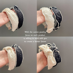 韓版褶皺珍珠發箍高顱頂交叉寬邊發窟小香風蝴蝶結髮捆打結髮卡女