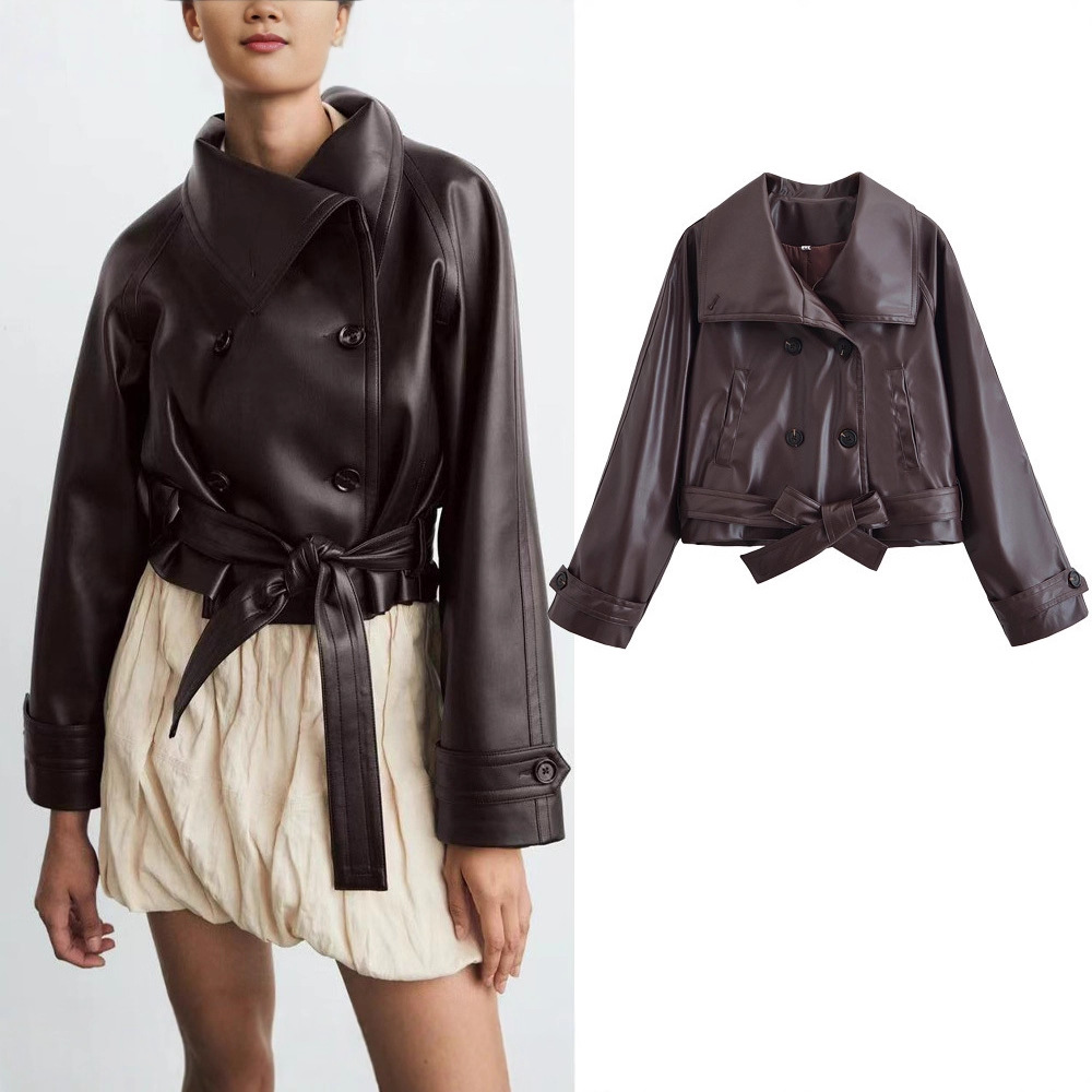 Nssf Homemade European and American Style New Women's Clothing Fashionable Lapel Belt Short Leather Jacket Women's Windbreaker 87070651