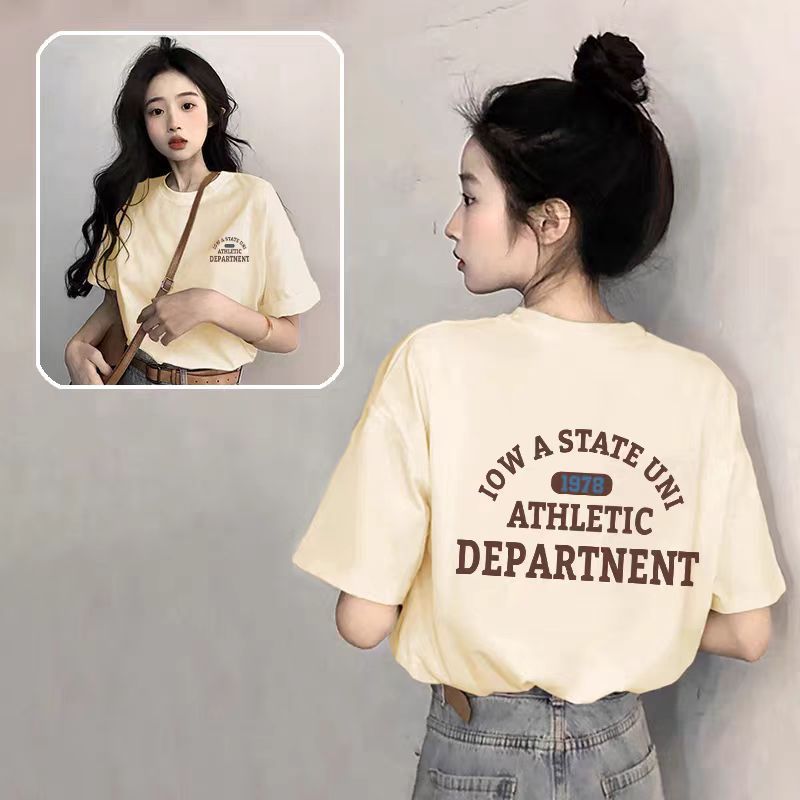 ピュアコットンブラックラウンドネック半袖レディースTシャツ2025新しいホットスタイル夏ルーズアメリカンプリントトップTシャツトレンディ