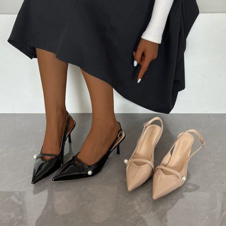 2025 новые летние стильные туфли на шпильке с острым носком и жемчужным декором, универсальные повседневные женские туфли с неглубоким вырезом