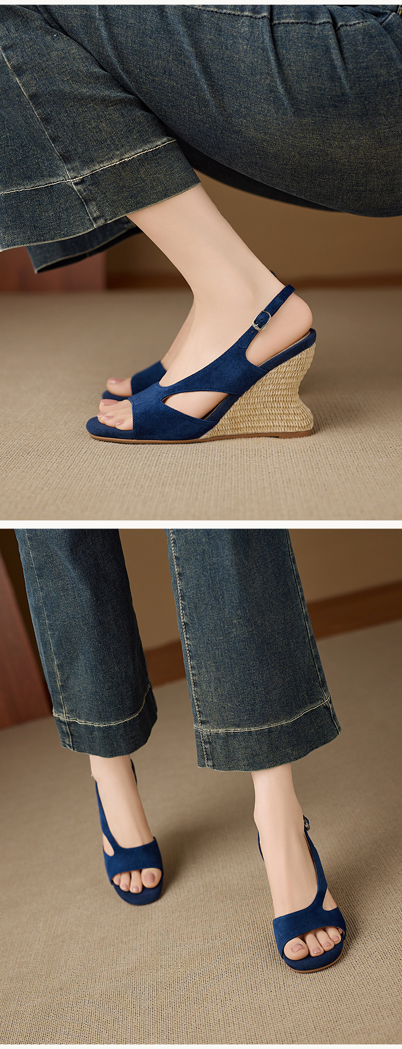 Sandal cao gót nữ mũi nhọn hở ngón, gót nêm đan rơm 8 cm, quai hậu buộc dây — xanh lam, màu mơ chi tiết 9