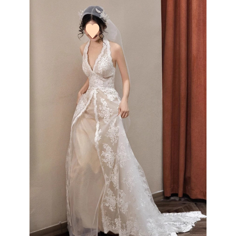 Abito da sposa vintage francese in pizzo leggero, stile foresta, di alta qualità, con colletto e scollo all'americana, per fidanzamento_voghion.com