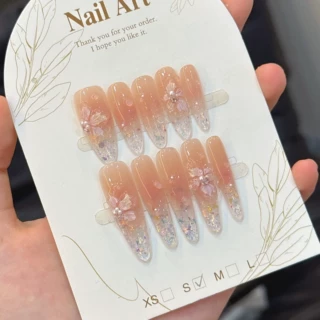 【春意盎然】纯手工精品穿戴甲甲片蜜桃冰透立体雕花亮片美甲贴片