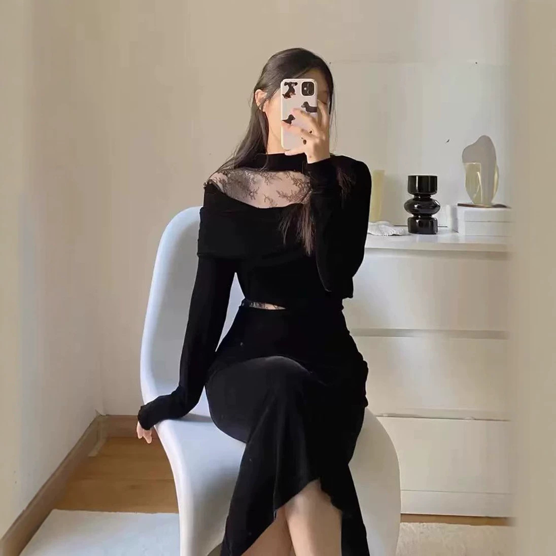 Birthday dress, elegant lace long dress for women, black velvet dress for autumn and winter, holiday style