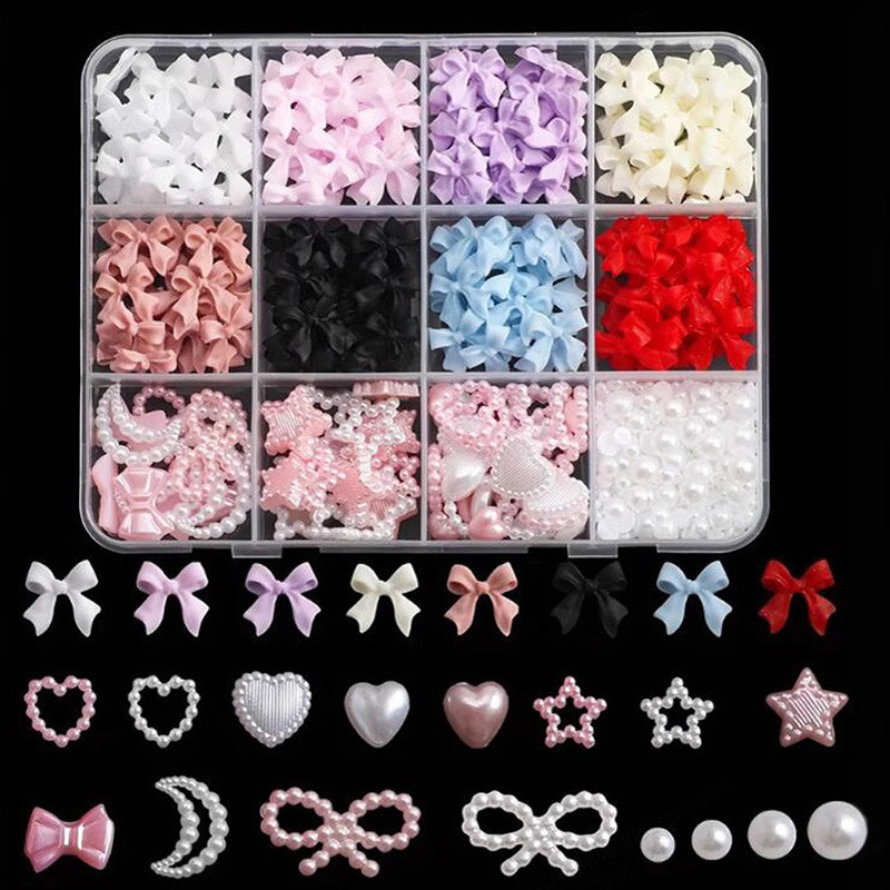 12-Colorful Semi-Circle Beads Nail Art Jewelry Bow Five-Petal Flower Pearl Mixed Nail Decoration Cut Out Accessories