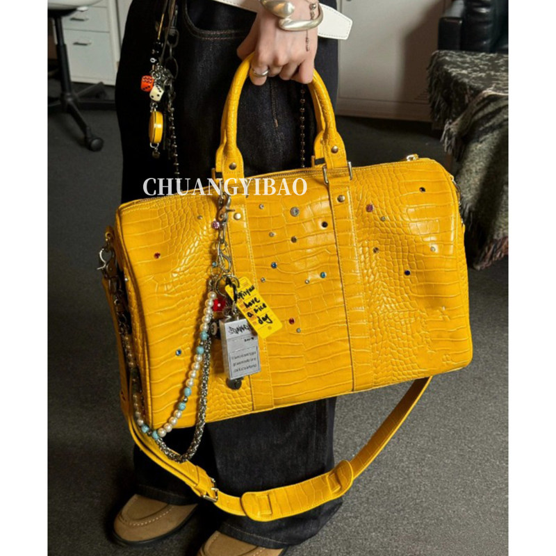 Yellow Crocodile Skin Patterned Rhinestone Gemstone Niche Crossbody Bag American Street Fashion Handbag Unisex Travel Bag