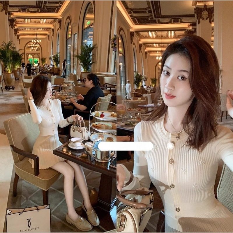 大码胖MM秋冬小香风长袖针织连衣裙女法式辣妹修身显瘦百褶短裙子|undefined
