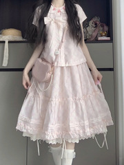 韩系甜美学院风蝴蝶结粉色上衣女学生搭配超仙高腰半身裙两件套装